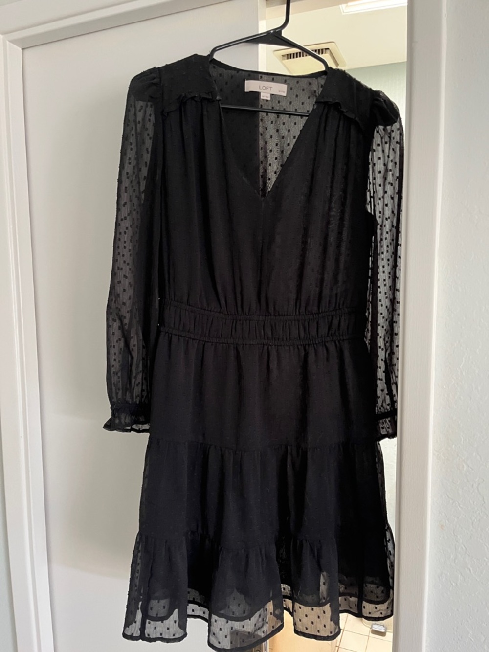 LOFT Black Swiss Dot Tiered Long Sleeve Dress